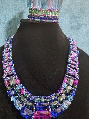 Sassy Jones Multicolor Crystal Statement Necklace And Bracelet Set.